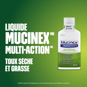 Texte à côté du plan produit avant du Liquide Mucinex Multi-Action Toux sèche et grasse sur fond vert.