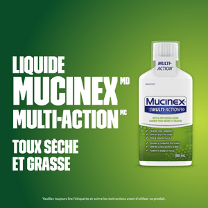 Texte à côté du plan produit avant du Liquide Mucinex Multi-Action Toux sèche et grasse sur fond vert.