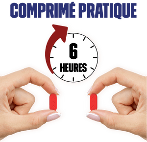 Texte au-dessus d’une horloge indiquant six heures, avec une flèche bourgogne pointant vers le sens horaire et deux mains tenant une pilule rouge.