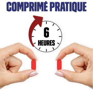 Texte au-dessus d’une horloge indiquant six heures, avec une flèche bourgogne pointant vers le sens horaire et deux mains tenant une pilule rouge.