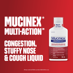 Image text beside Mucinex Multi-Action Congestion, Stuffy Nose & Cough Liquid packshot against a red background.