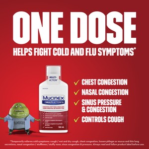 Image text scattered among a Mucinex Multi-Action Congestion, Stuffy Nose & Cough Liquid packshot and Mr. Mucus mascot against a red background.