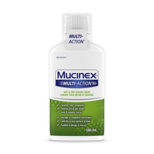Plan produit avant du Liquide Mucinex Multi-Action Toux sèche et grasse.