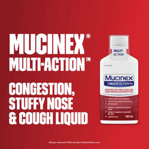 Image text beside Mucinex Multi-Action Congestion, Stuffy Nose & Cough Liquid packshot against a red background.