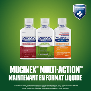 Trois photos du plan produit du Liquide Mucinex Multi-Action Toux sèche et grasse sur fond vert accompagné du texte et du badge « Recommandé par les pharmaciens » dans le coin supérieur droit.