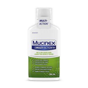 Plan produit avant du Liquide Mucinex Multi-Action Toux sèche et grasse.