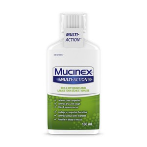 Plan produit avant du Liquide Mucinex Multi-Action Toux sèche et grasse.
