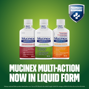 Three Mucinex Multi-Action Liquid product packshots with image text and Pharmacist Recommended badge on top right corner against green background.