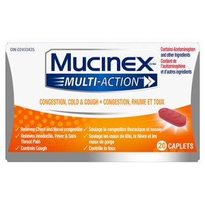 Plan produit de Mucinex Multi-Action Congestion, rhume et toux dans un emballage orange et blanc.