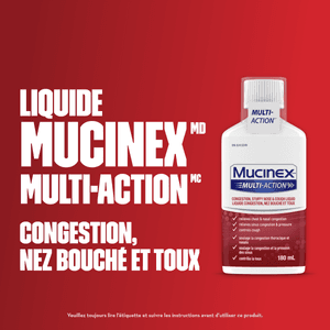 Texte à côté du plan produit du Liquide Mucinex Multi-Action Congestion, nez bouché et toux sur fond rouge.