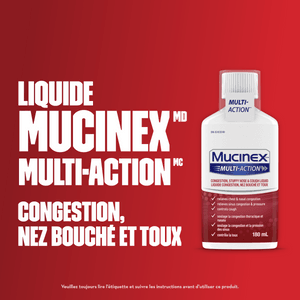 Texte à côté du plan produit du Liquide Mucinex Multi-Action Congestion, nez bouché et toux sur fond rouge.