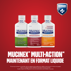 Trois photos du plan produit des liquides Mucinex Multi-Action sur fond rouge accompagné du texte et du badge « Recommandé par les pharmaciens » dans le coin supérieur droit.