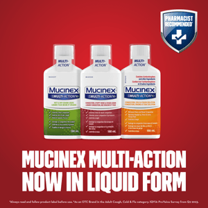 Three Mucinex Multi-Action Liquid product packshots with image text and Pharmacist Recommended badge on top right corner against red background.