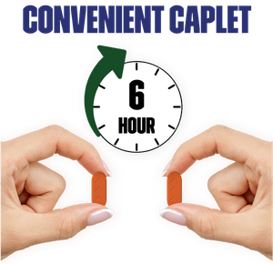 Image text above a 6 hour clock with a green arrow pointing clockwise and two hands holding an orange pill.