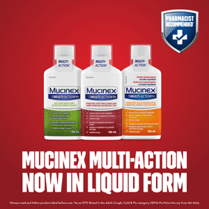 Three Mucinex Multi-Action Liquid product packshots with image text and Pharmacist Recommended badge on top right corner against red background.