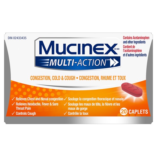 Packshot of Mucinex Multi-Action Congestion, Cold & Cough in an orange and white pack.